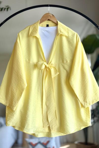 Önü bağlamalı Keten kimono gömlek sarı DS2047