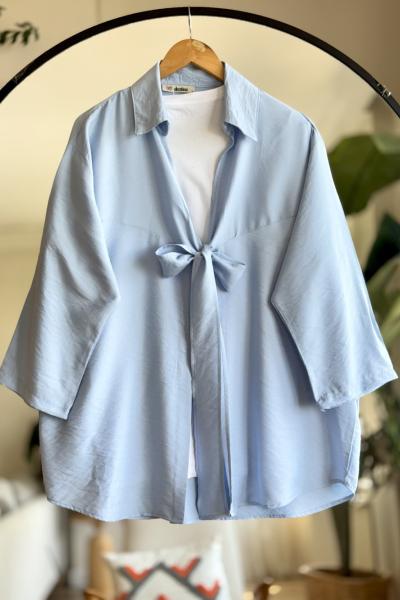 Önü bağlamalı Keten kimono gömlek bebemavi DS2047