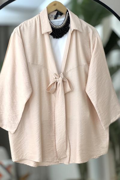Önü bağlamalı Keten kimono gömlek Bej DS2047
