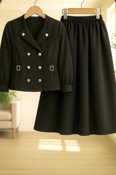 Önü düğmeli Kırvrık Yaka etek ceket Takım Siyah TCN40146