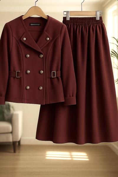 Önü düğmeli Kırvrık Yaka etek ceket Takım Bordo TCN40146