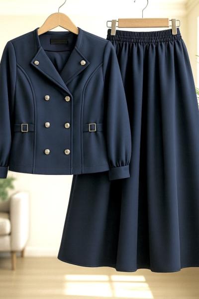 Önü düğmeli Kırvrık Yaka etek ceket Takım Lacivert TCN40146