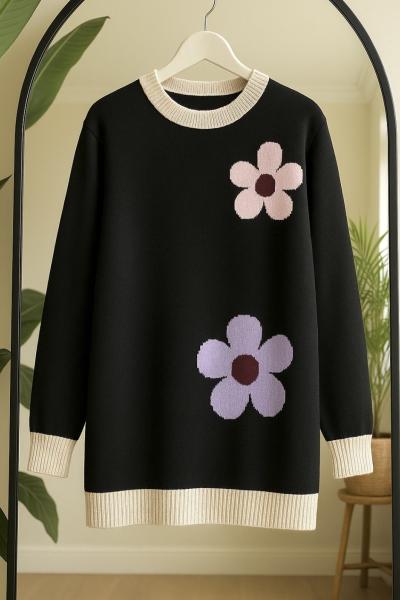 Papatya desenli Triko Tunik Siyah TCN40143