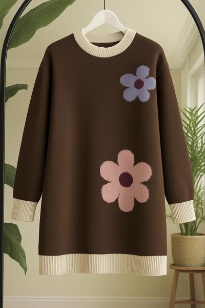 Papatya desenli Triko Tunik Kahverengi TCN40143