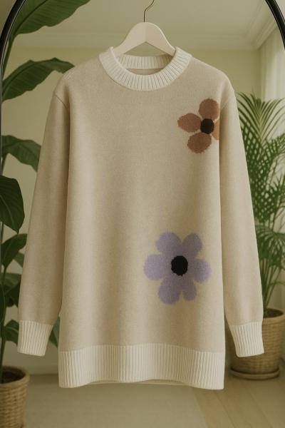 Papatya desenli Triko Tunik Bej TCN40143