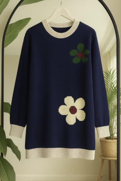 Papatya desenli Triko Tunik Lacivert TCN40143