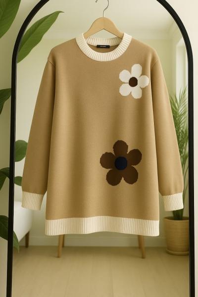 Papatya desenli Triko Tunik camel TCN40143