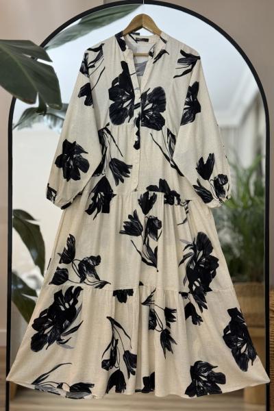 Patlı Yarım Düğmeli Elbise Bej UMS50188