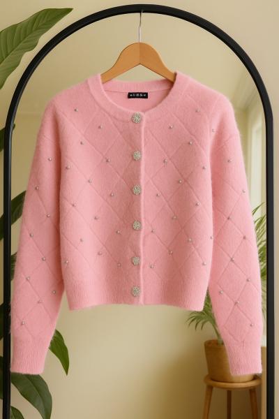 Sakallı Taş işlemeli Yumoş Hırka Pembe SL8034