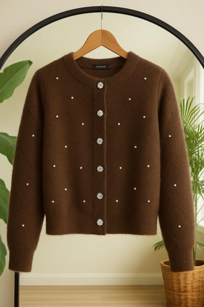 Sakallı Taş işlemeli Yumoş Hırka Kahve SL8034