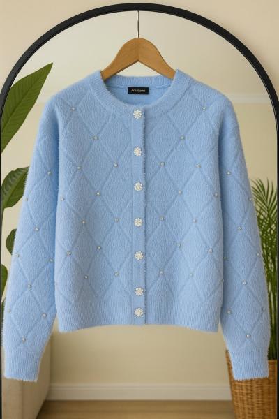 Sakallı Taş işlemeli Yumoş Hırka Mavi SL8034