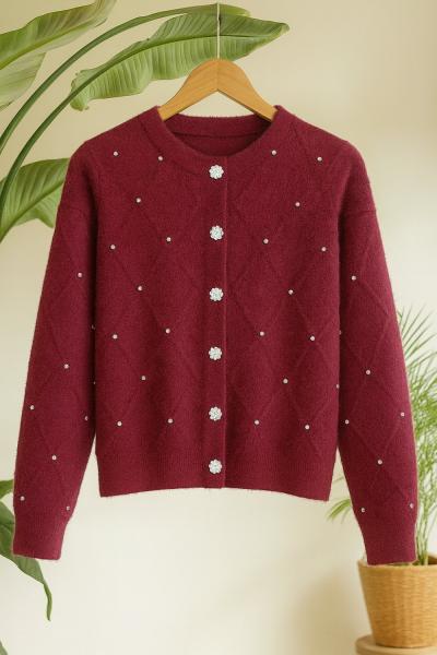 Sakallı Taş işlemeli Yumoş Hırka Bordo SL8034