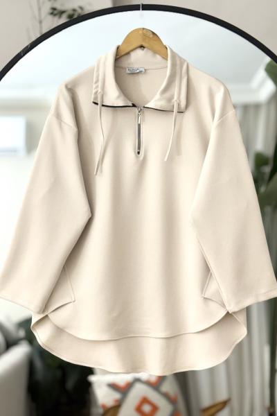 Scuba Yaka fermuarlı Tunik Bej BK9510