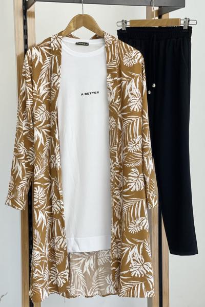Uzun viskon kumaş kimono bej SLT1598