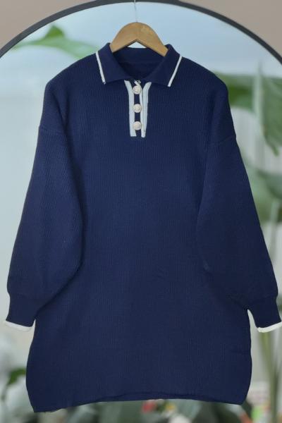 Yaka düğmeli Manşetli Triko Tunik Lacivert NSY9020