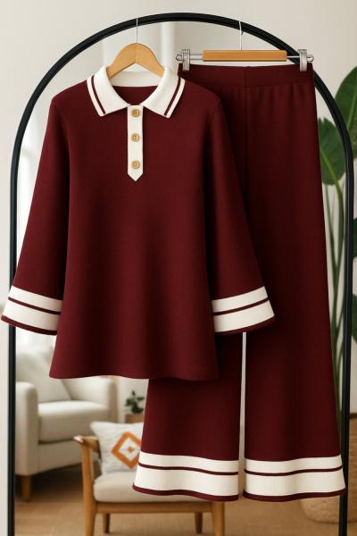 Yaka Düğmeli Paca ve kol Şeritli Triko Takım Bordo TCN40137