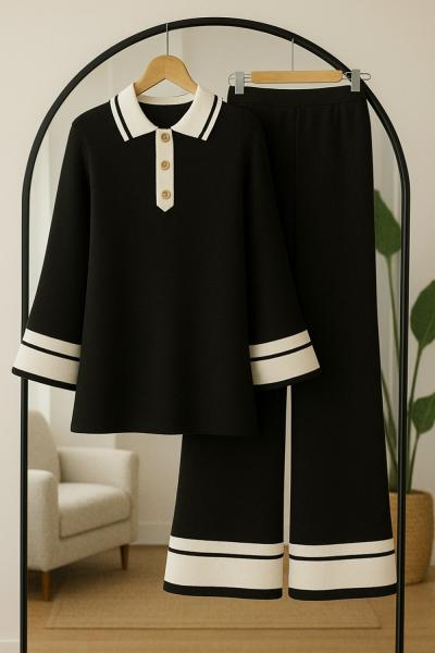 Yaka Düğmeli Paca ve kol Şeritli Triko Takım Siyah TCN40137