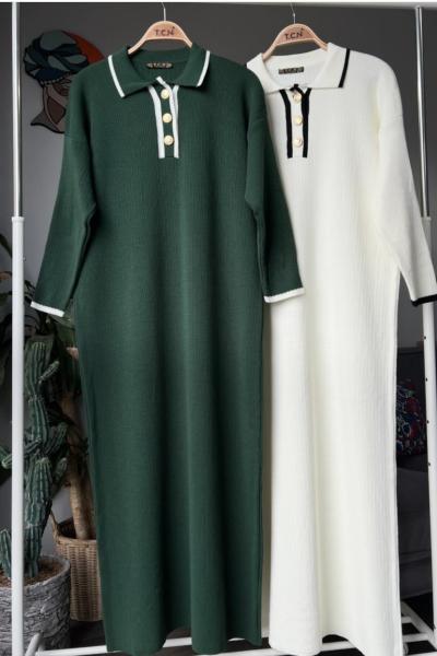 Yaka düğmeli triko Elbise yeşil TCN4061