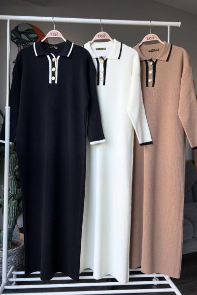 Yaka düğmeli triko Elbise Bej TCN4061