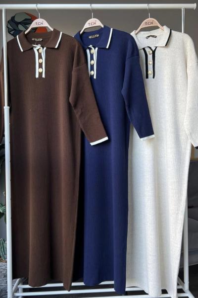 Yaka düğmeli triko Elbise Lacivert TCN4061