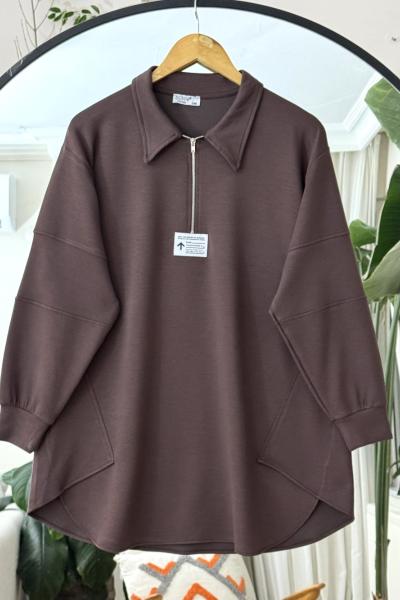 Yaka fermuarlı Oysh Tunik Kahve BK9015