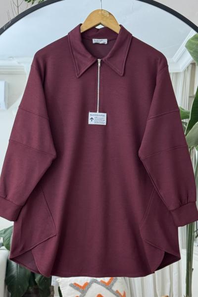 Yaka fermuarlı Oysh Tunik Bordo BK9015