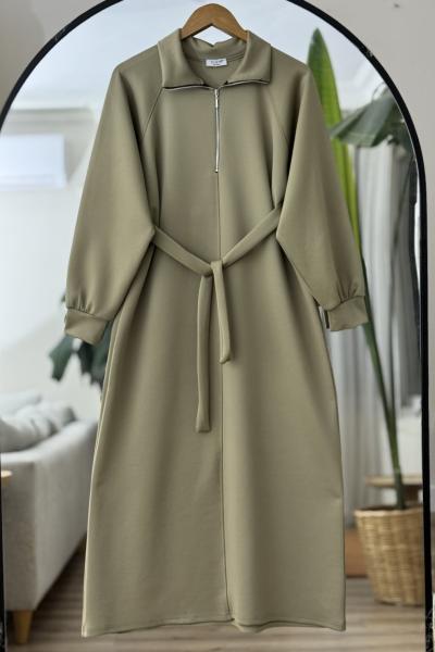 Yaka fermuarlı kuşaklı Elbise Yeşil BK9520