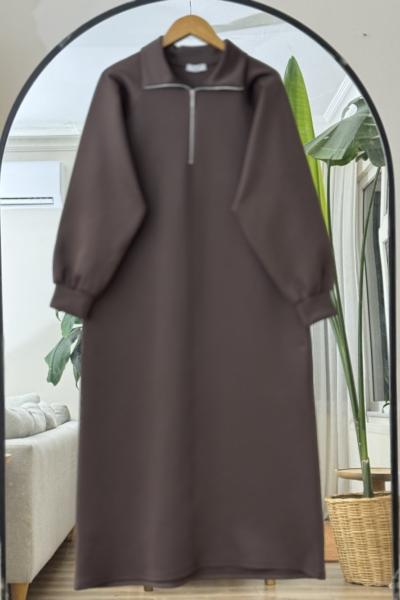 Yaka fermuarlı kuşaklı Elbise Kahve BK9520