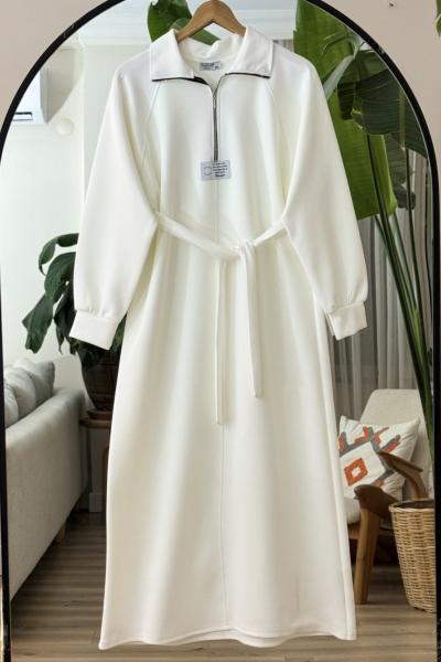 Yaka fermuarlı kuşaklı Elbise Beyaz BK9520
