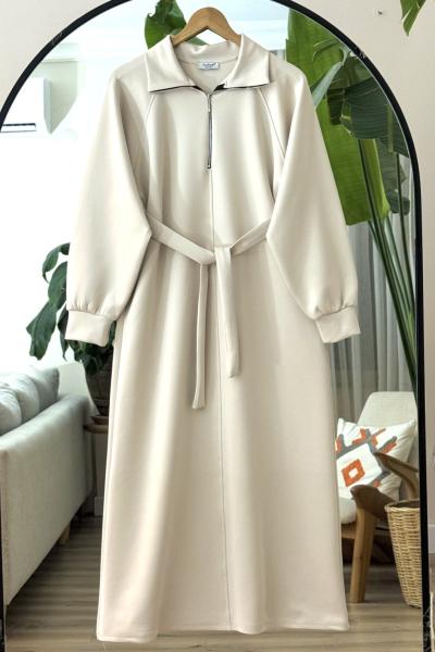 Yaka fermuarlı kuşaklı Elbise Bej BK9520