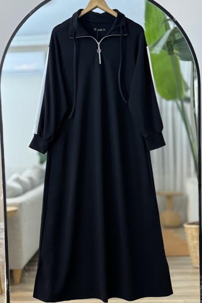 Yaka fermuarlı kol beyaz şeritli Elbise Siyah UMS40126