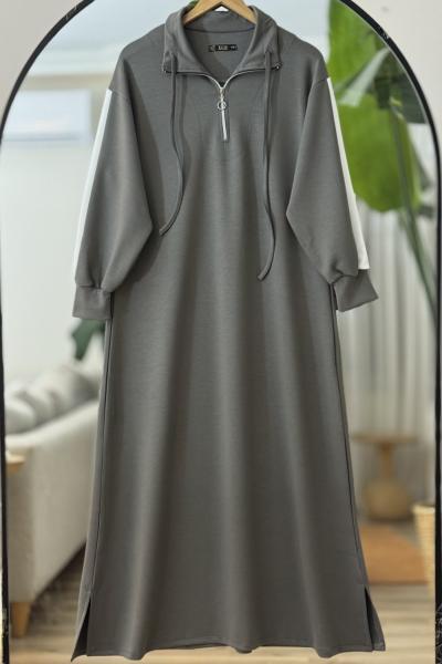 Yaka fermuarlı kol beyaz şeritli Elbise Haki UMS40126