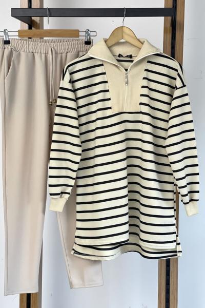 Yaka fermuarlı çizgili tunik Siyah SLT30149