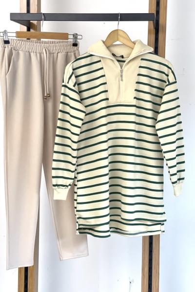 Yaka fermuarlı çizgili tunik Yeşil SLT30149