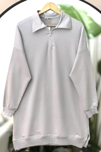 Yaka Fermuarlı iki iplik kumaş Tunik gri DST2030