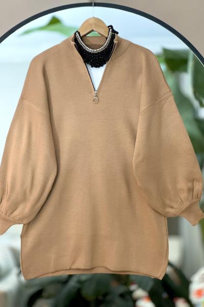 Yaka fermuarlı karpuzkol triko Tunik Bej NSY9023