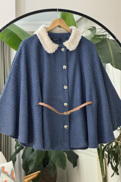 Yaka kürklü Kemerli kaşe panco İndigo NW6066