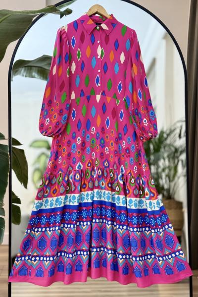 Yakalı Düğmeli Tamboy Elbise Fuşya UMS50172